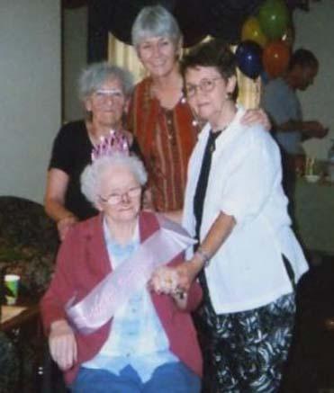 Mary Ann, Kathryn, Marty, and Virginia Mary Ann Kuepper's 99th birthday (August 14, 2006) with daughters, (left to right) Kathryn Kuepper Schmitt, Marty Kuepper Koellner, and Virginia Kuepper McGrane. Photo taken at Beverly Healthcare, Columbus, Nebraska on August 12, 2006.